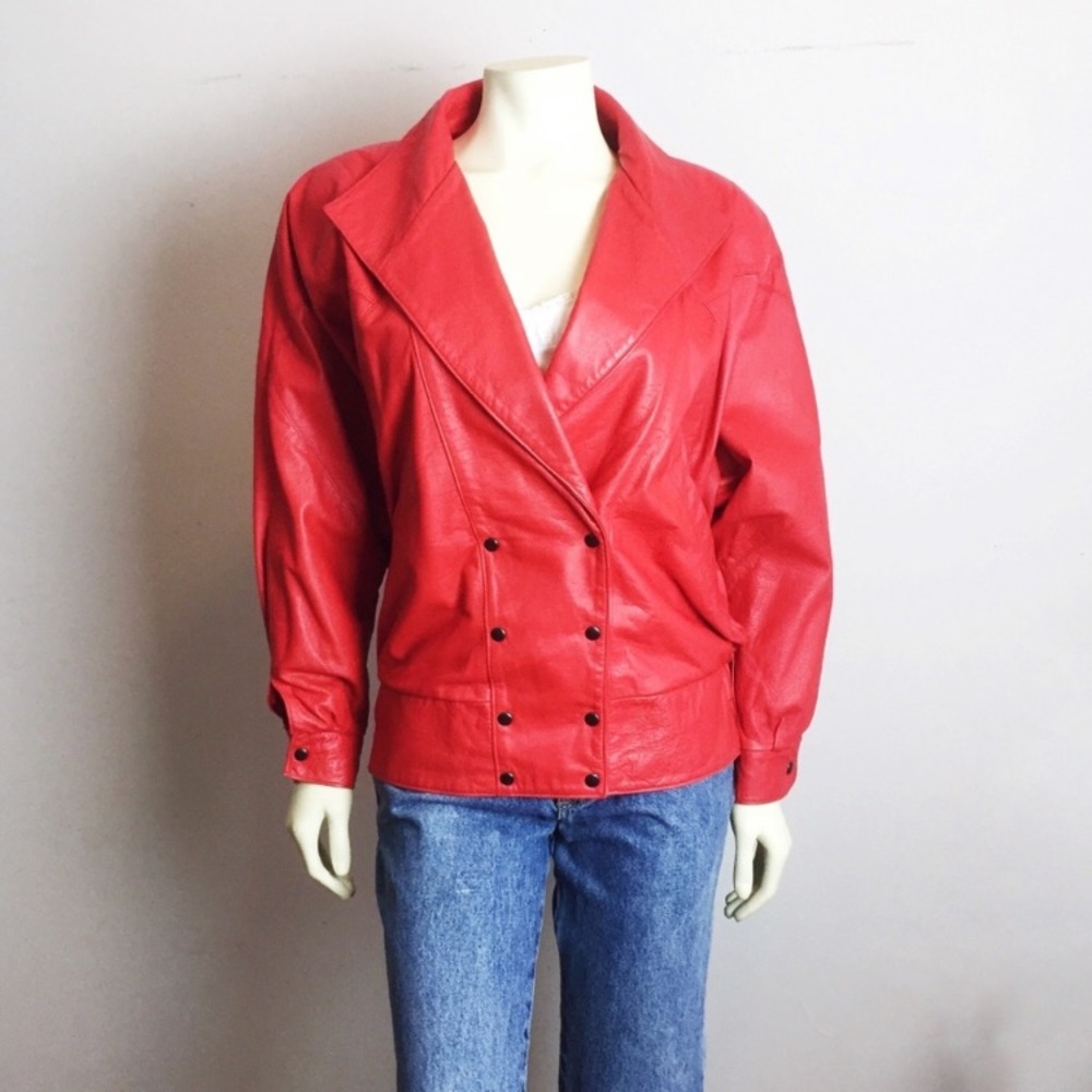 Vintage red leather jacket dolman sleeve 80s glam - Picture 1 of 8